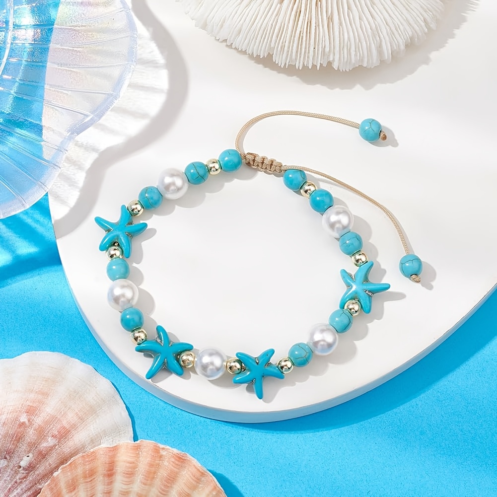 Two Shell-Woven Anklets with Starfish and Turtle Decorations